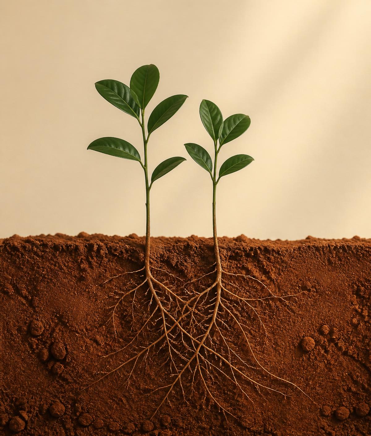 Two young plants growing side by side with roots intertwined in warm soil.