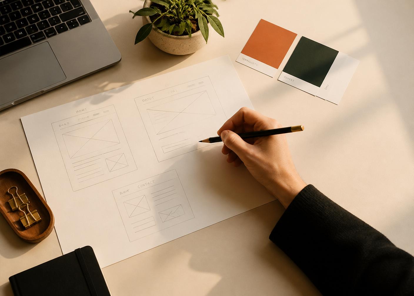 A designer sketching website wireframes beside terracotta and forest green color swatches.